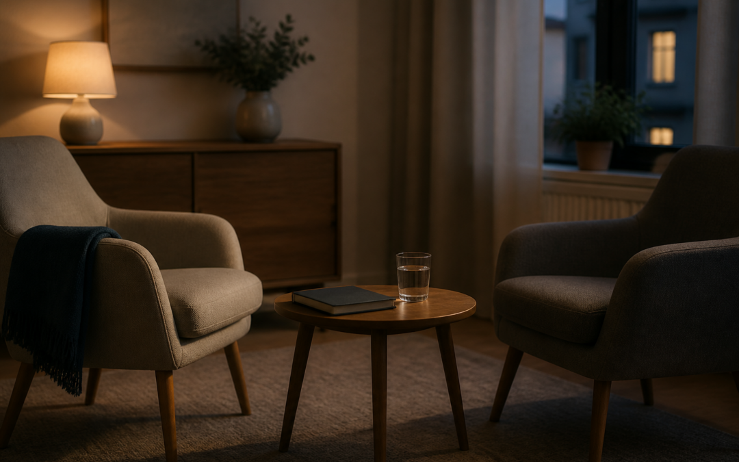 Deux fauteuils vides dans un salon calme, image illustrant une crise de couple apr?s une infid?lit?