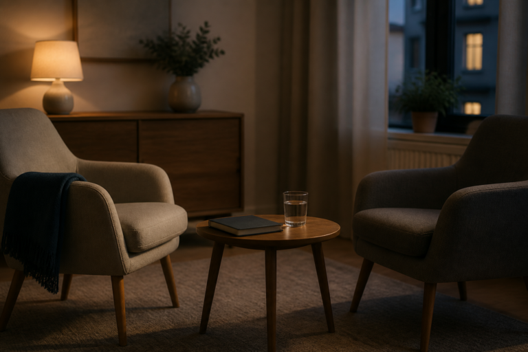 Deux fauteuils vides dans un salon calme, image illustrant une crise de couple apr?s une infid?lit?