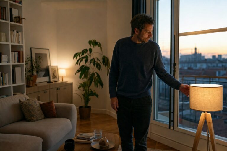 Homme commençant une routine apaisante dans son appartement à la tombée du jour