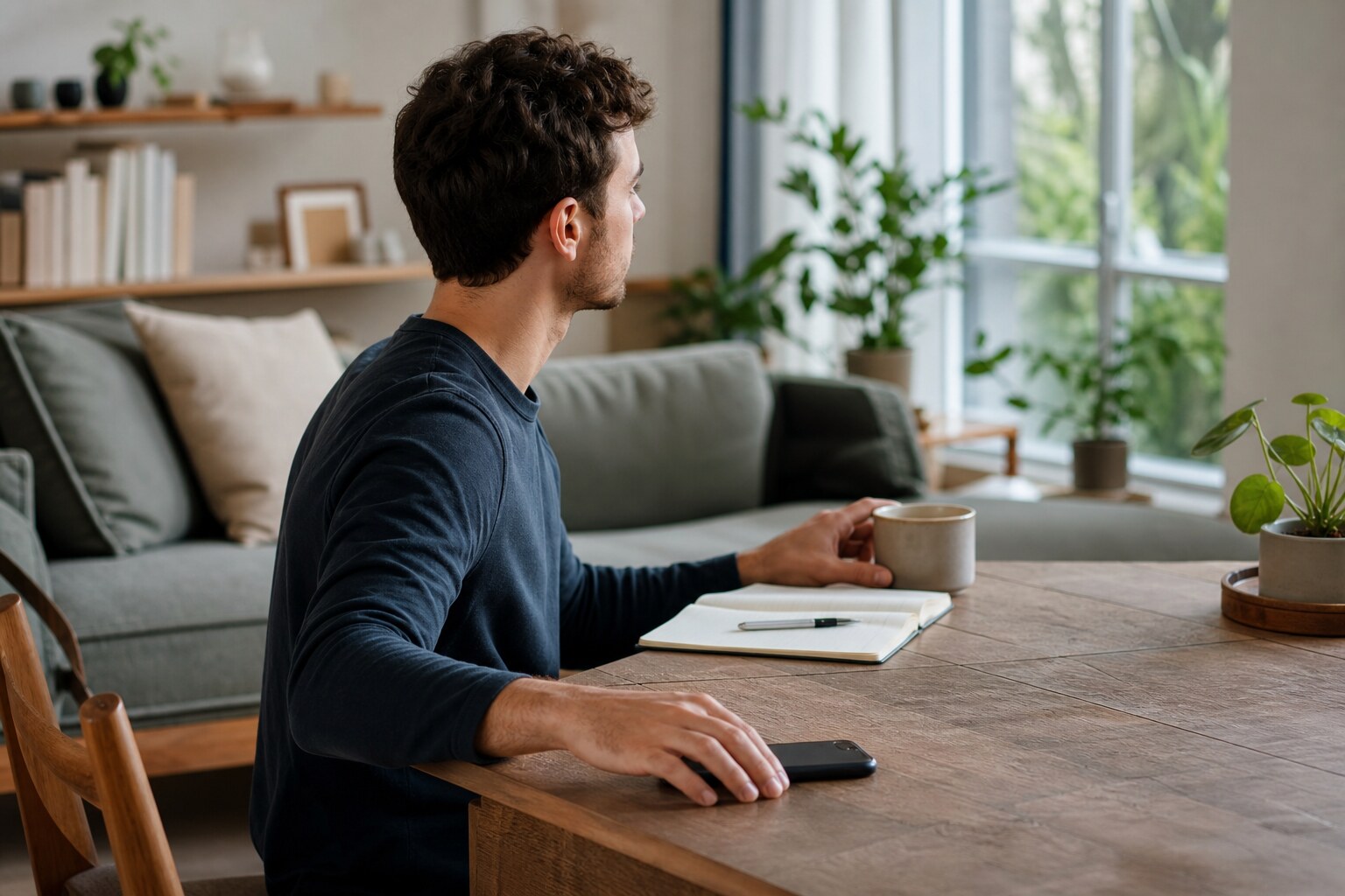 Homme posant son téléphone pour se détourner des recherches anxieuses sur sa santé