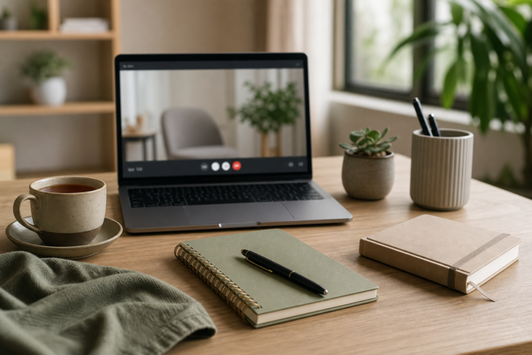 Bureau de t?l?consultation calme avec ordinateur, carnet et stylo pour choisir un psychoth?rapeute