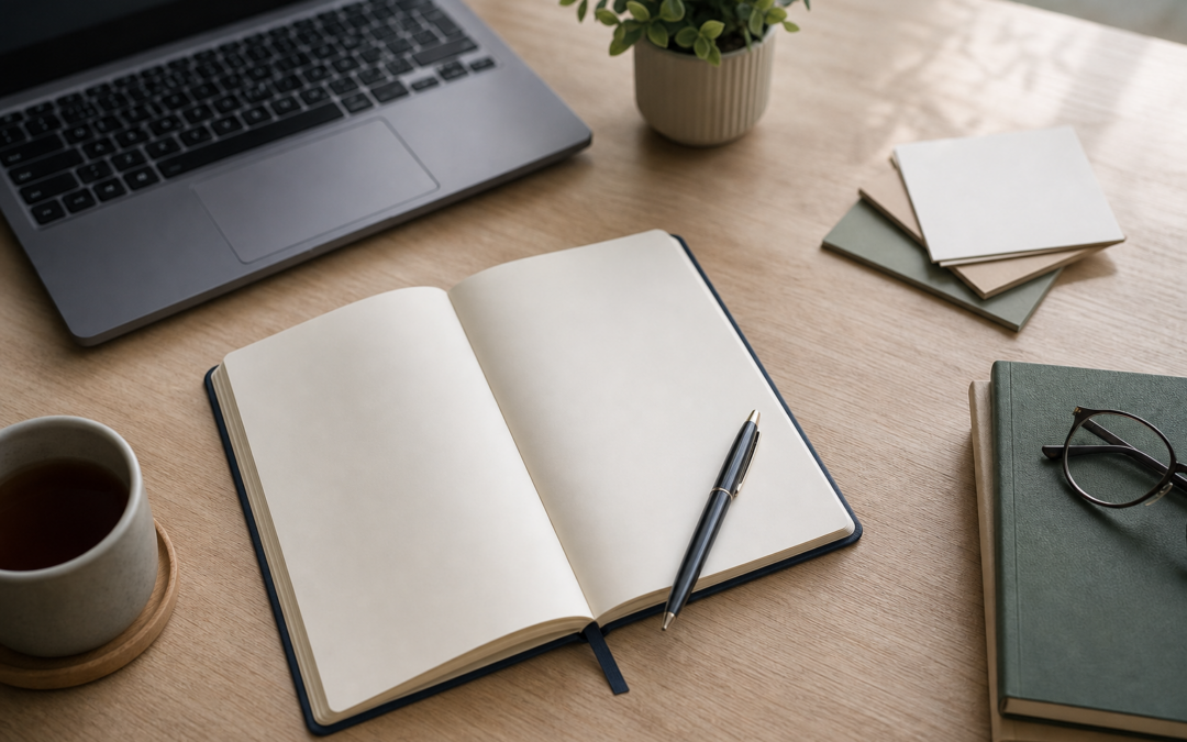 Carnet ouvert et stylo sur un bureau calme pour pr?parer le choix d?un psychoth?rapeute