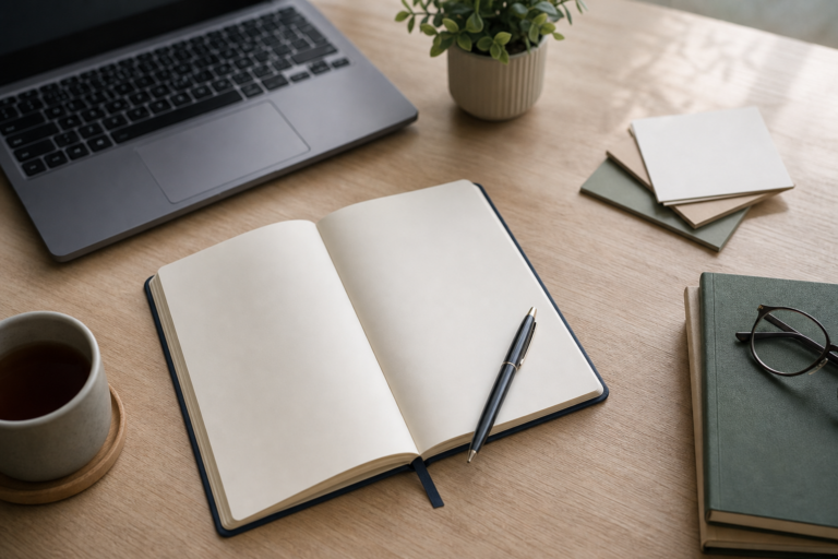 Carnet ouvert et stylo sur un bureau calme pour pr?parer le choix d?un psychoth?rapeute