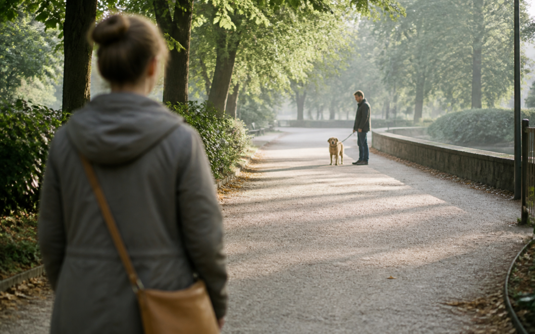 Personne observant ? distance un chien calme tenu en laisse dans un parc, image illustrant la cynophobie