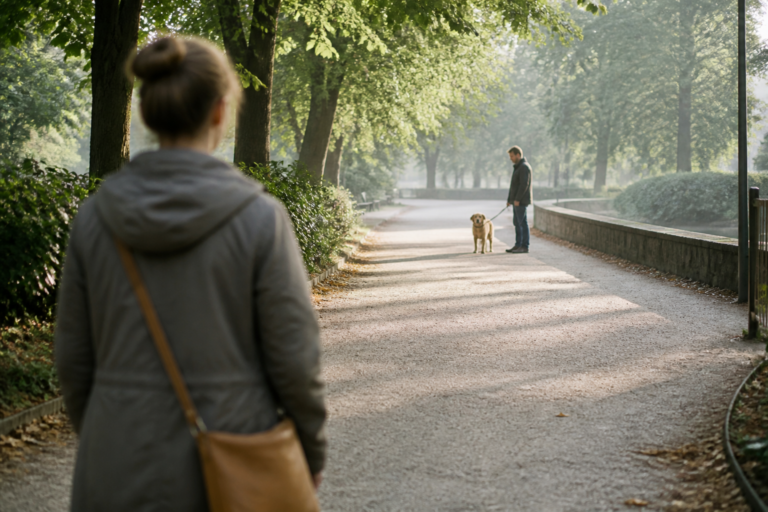 Personne observant ? distance un chien calme tenu en laisse dans un parc, image illustrant la cynophobie