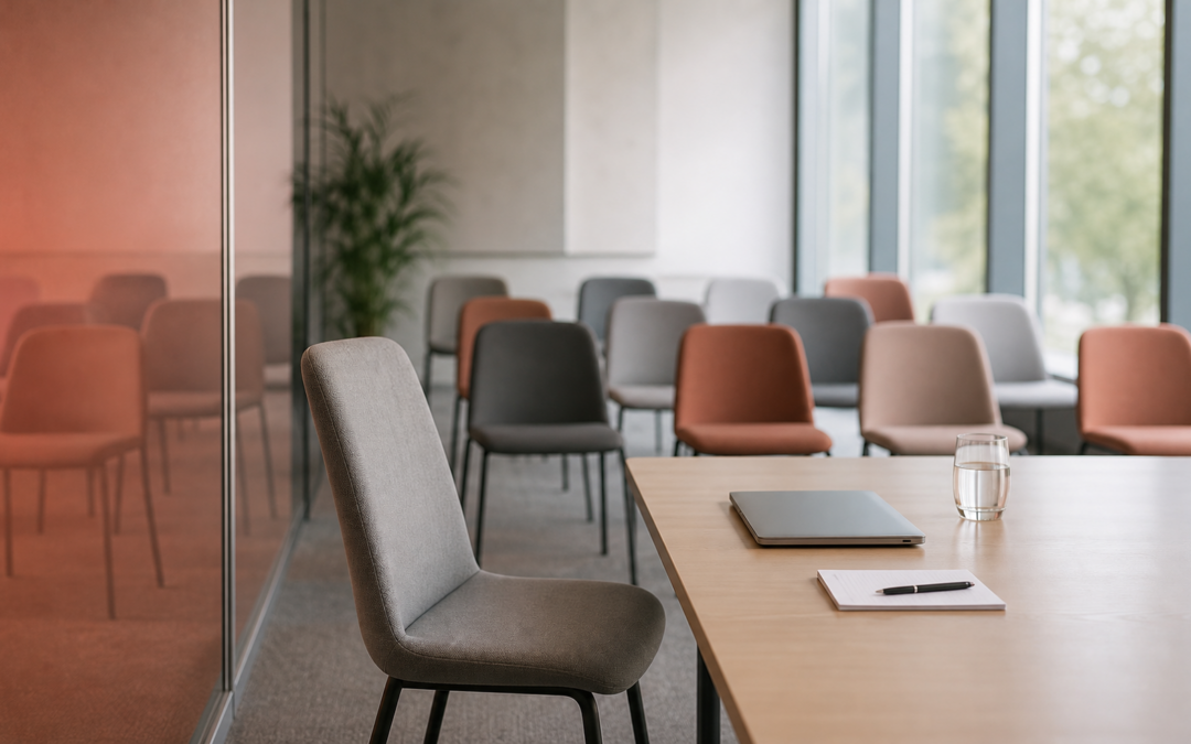 Salle de r?union vide avec chaise au premier plan, image illustrant la peur de rougir en public