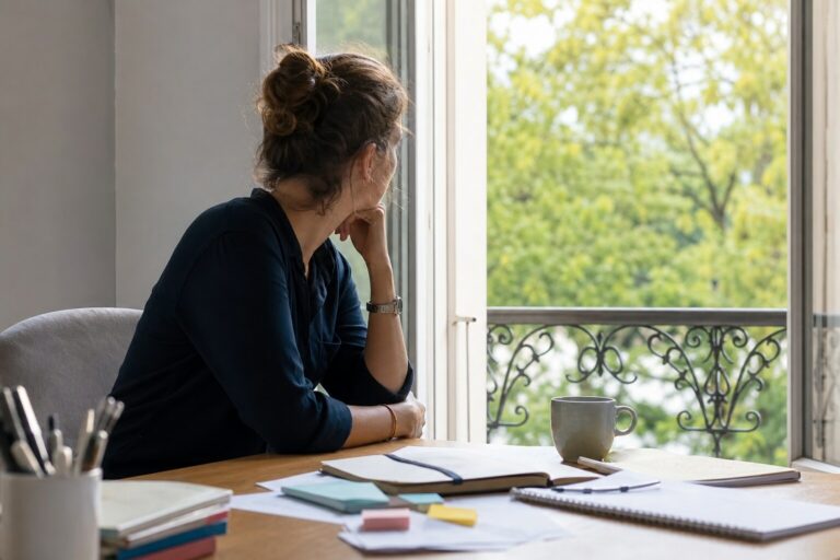 Scène humaine illustrant : Pourquoi ai-je l'impression que mon cerveau ne s'arrête jamais ? Comprendre le cerveau anxieux en surchauffe