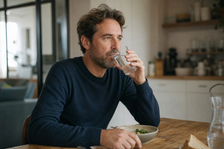 Un homme assis à table boit un verre d'eau, le regard tourné vers la fenêtre, devant un repas à peine entamé