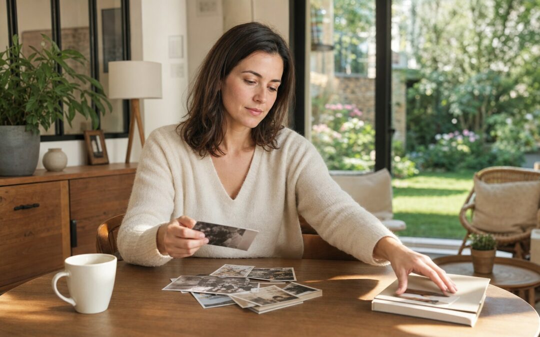 Femme triant calmement des photographies de famille à une table