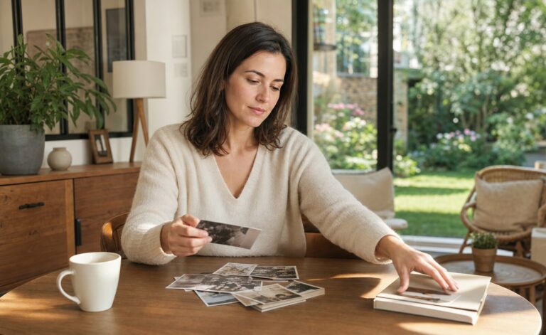 Femme triant calmement des photographies de famille à une table