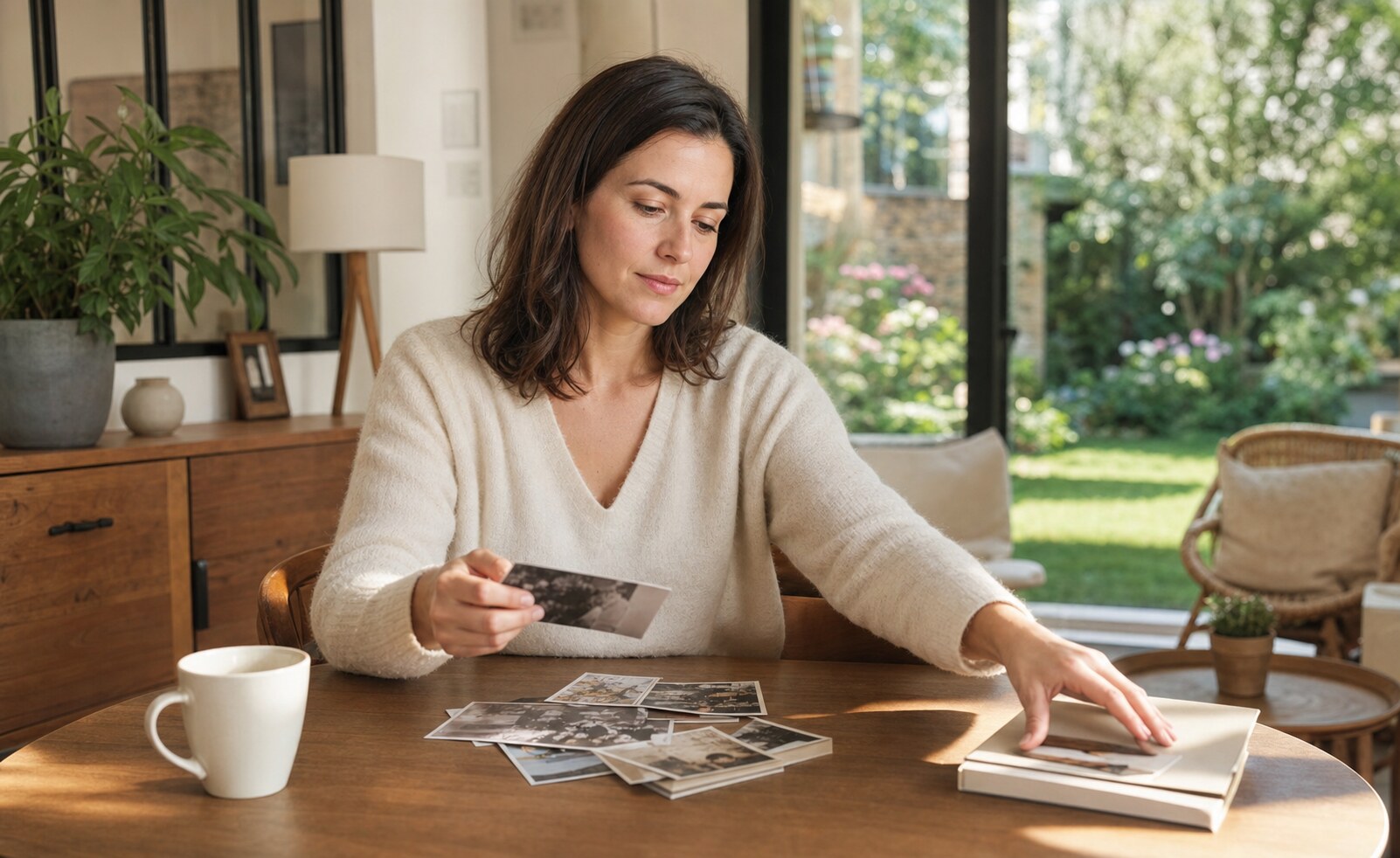 Femme triant calmement des photographies de famille à une table