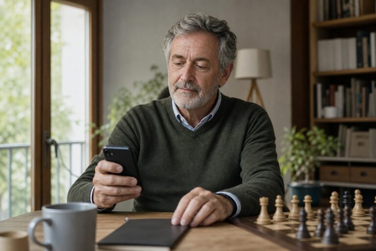 Un homme d'une soixantaine d'années consulte son téléphone à la table de son salon, un échiquier posé devant lui