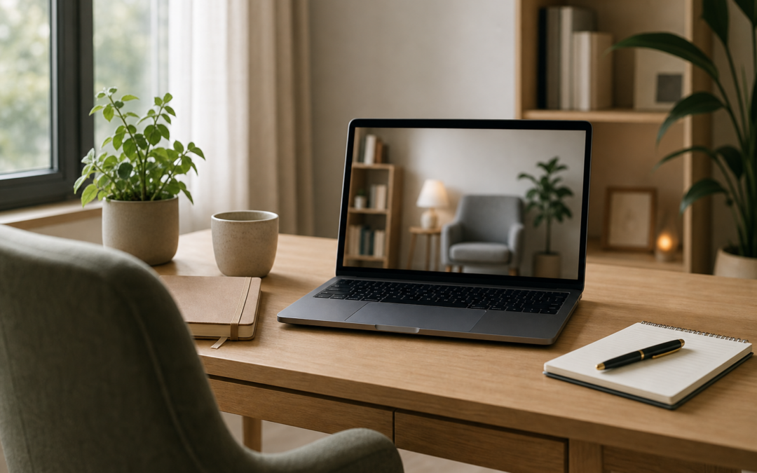 Bureau calme avec ordinateur portable ouvert pour une s?ance de psychoth?rapie en t?l?consultation