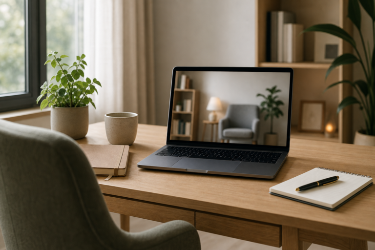 Bureau calme avec ordinateur portable ouvert pour une s?ance de psychoth?rapie en t?l?consultation