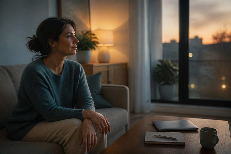 Femme assise dans son salon au crépuscule avant le début de la semaine
