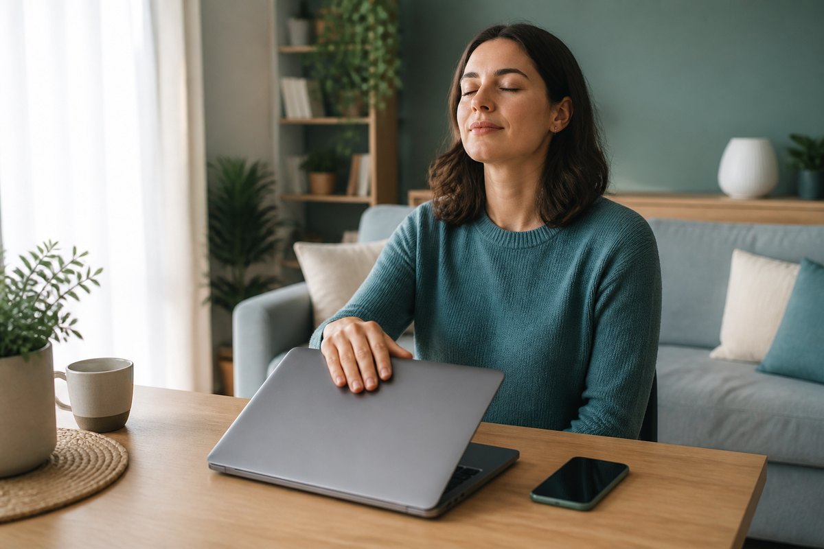 Femme fermant son ordinateur pour interrompre des recherches de santé anxieuses