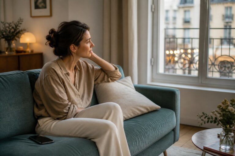 Femme faisant une pause loin de son téléphone dans son salon