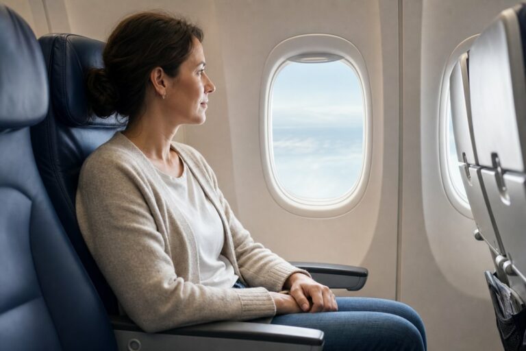 Voyageuse assise près du hublot d'un avion dans une ambiance calme