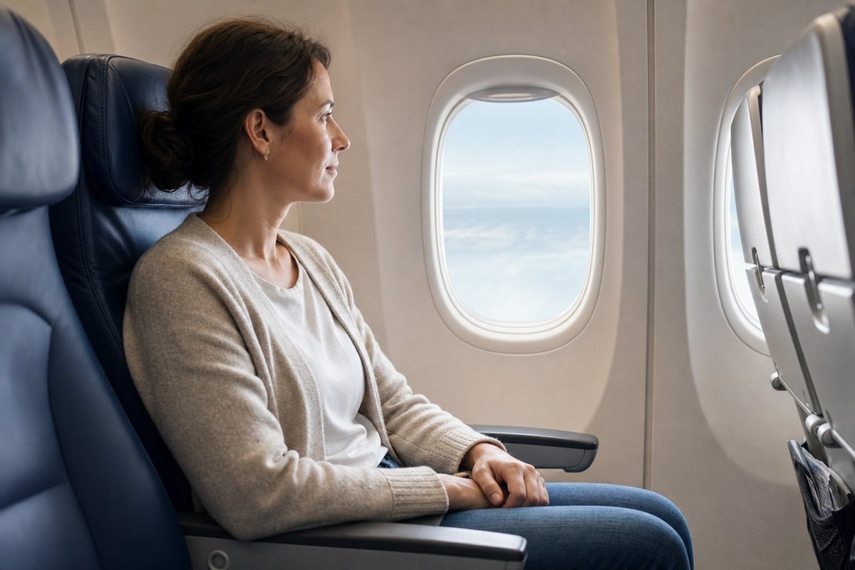Voyageuse assise près du hublot d'un avion dans une ambiance calme