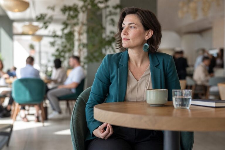 Femme pratiquant discrètement un exercice d'ancrage dans un café