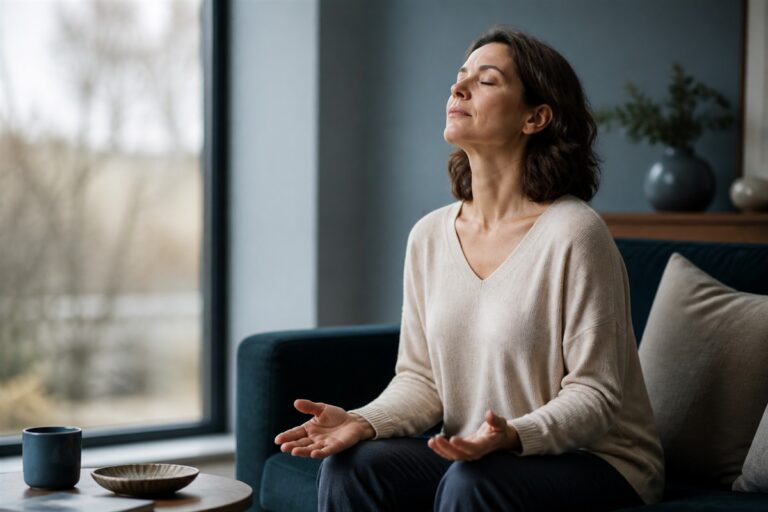 Femme retrouvant son calme après un moment d'irritabilité anxieuse
