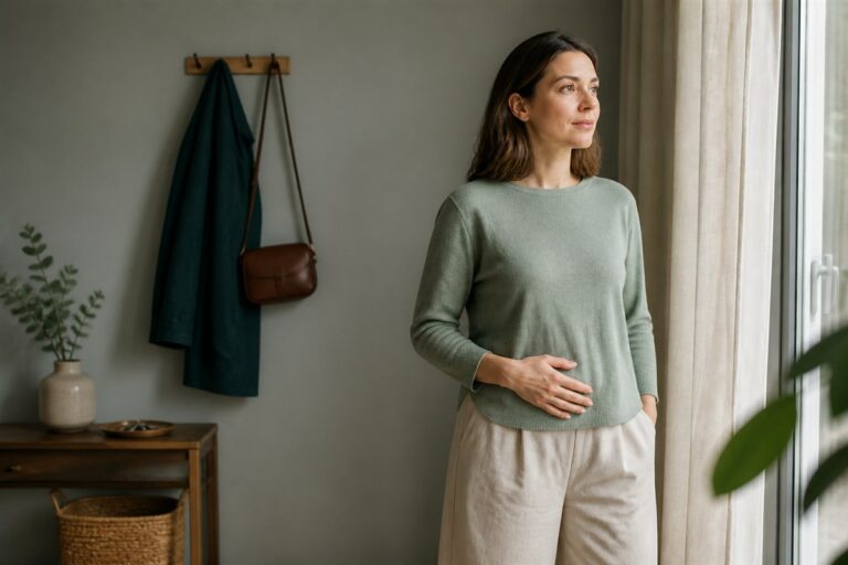 Femme debout près d'une fenêtre avec une main posée calmement sur le bas-ventre