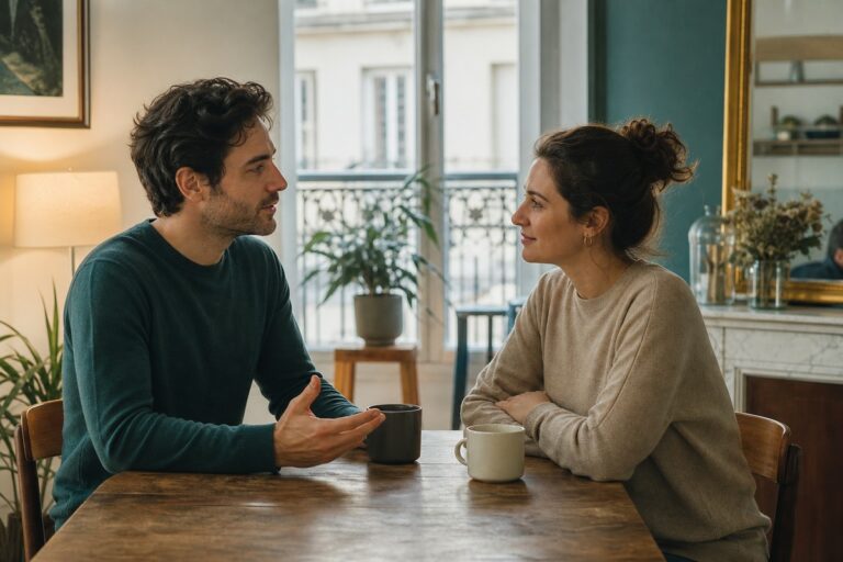 Couple échangeant calmement autour d'une table