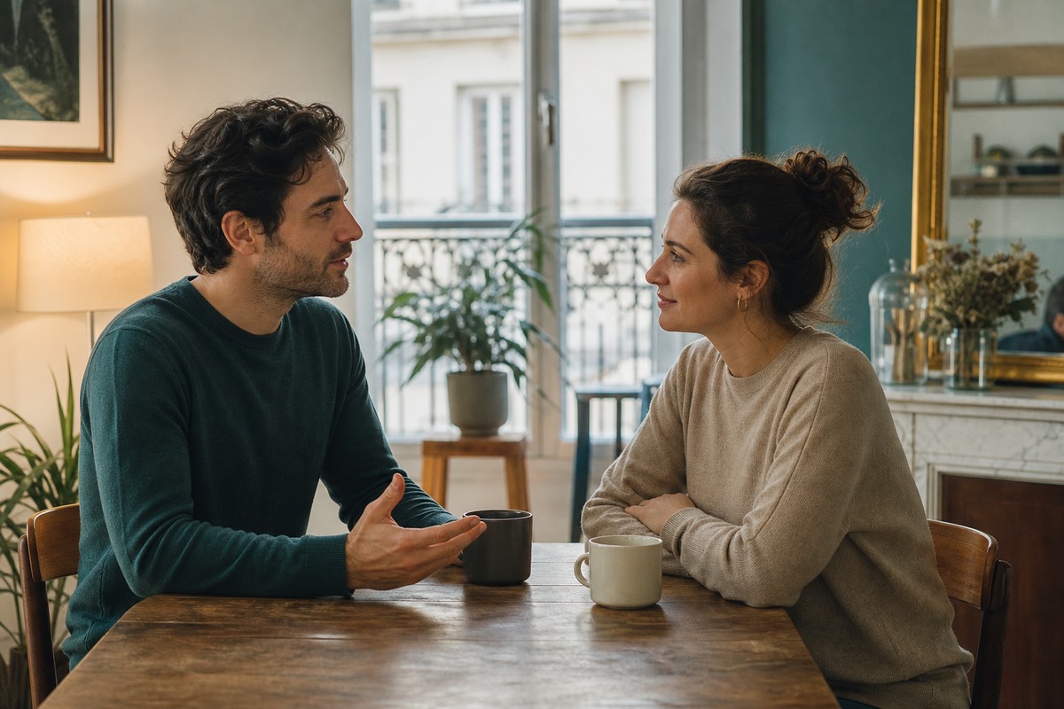 Couple échangeant calmement autour d'une table