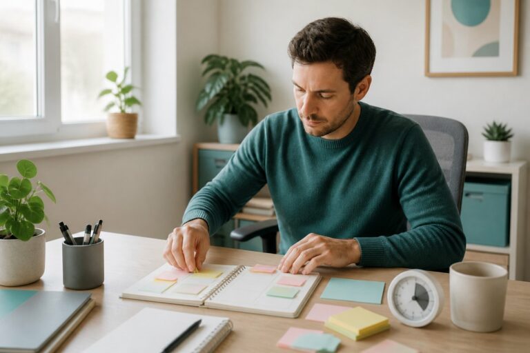 Homme organisant calmement ses tâches dans un agenda avec des repères colorés