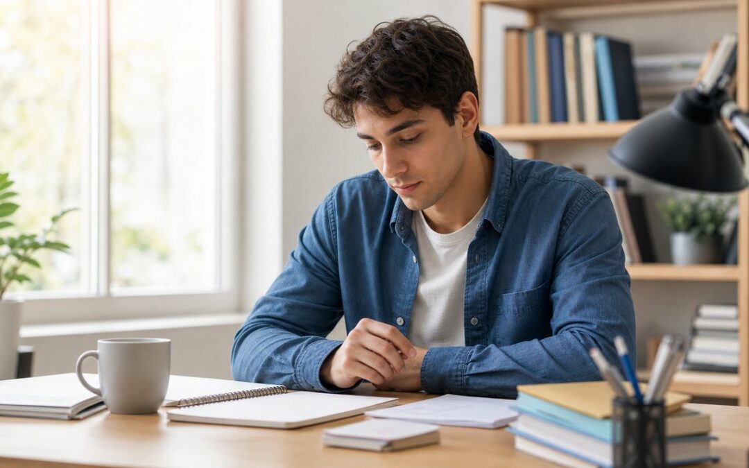 Étudiant assis calmement à son bureau avant un examen