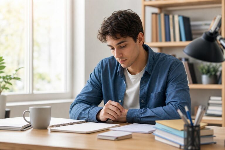 Étudiant assis calmement à son bureau avant un examen