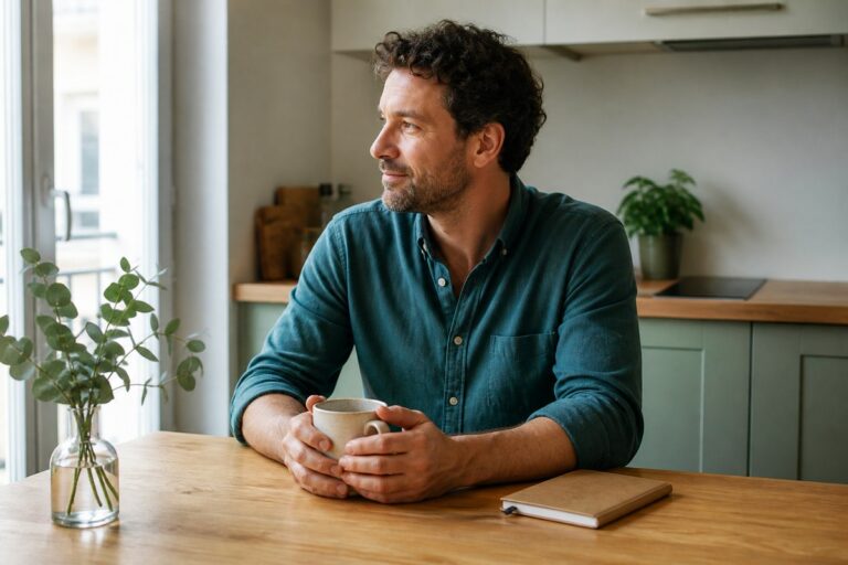 Homme assis calmement à une table avec une tasse et un carnet