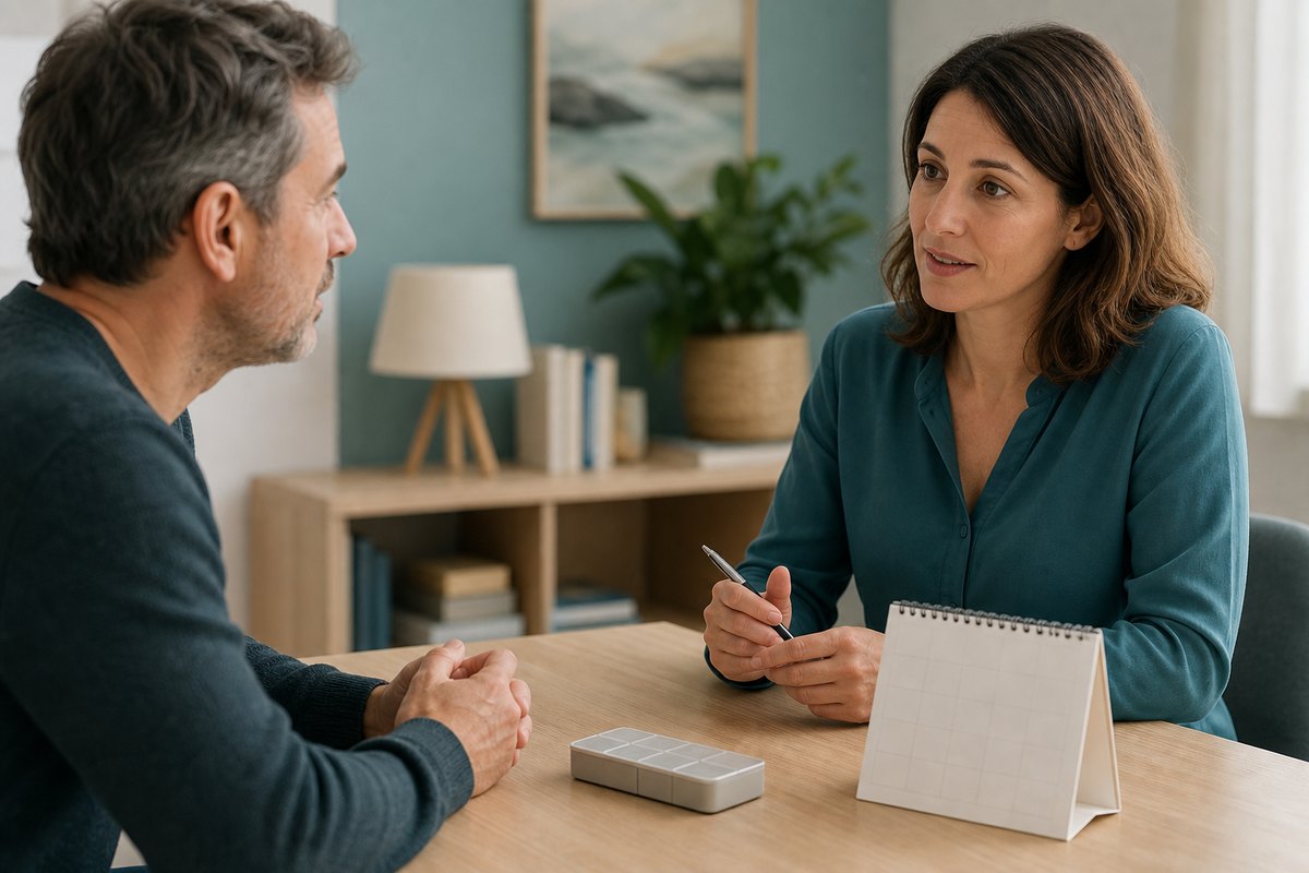 Patient échangeant avec une professionnelle autour d'un calendrier de suivi