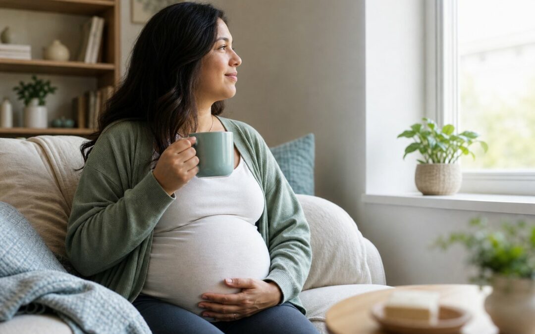 Femme enceinte assise près d'une fenêtre dans une ambiance sereine