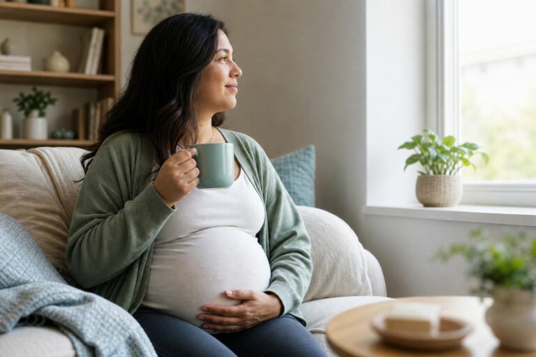 Femme enceinte assise près d'une fenêtre dans une ambiance sereine