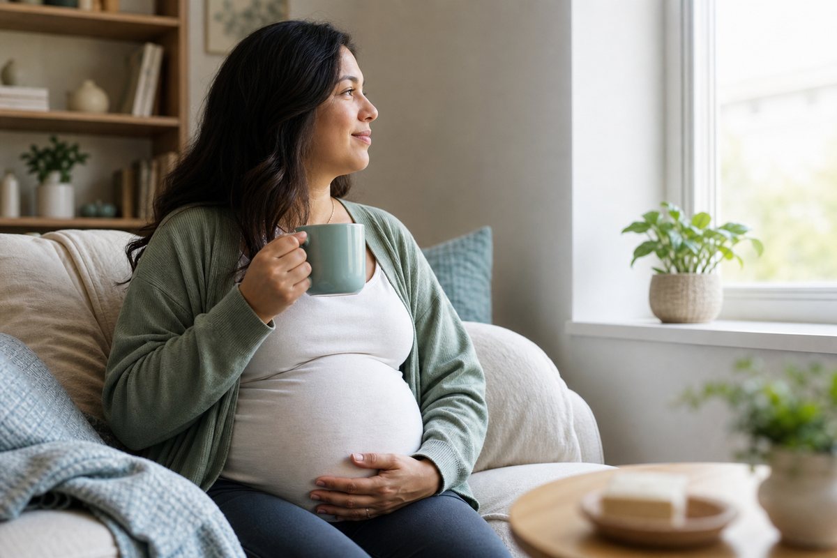 Femme enceinte assise près d'une fenêtre dans une ambiance sereine
