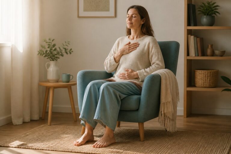 Femme assise les pieds au sol pratiquant un exercice doux d'auto-apaisement