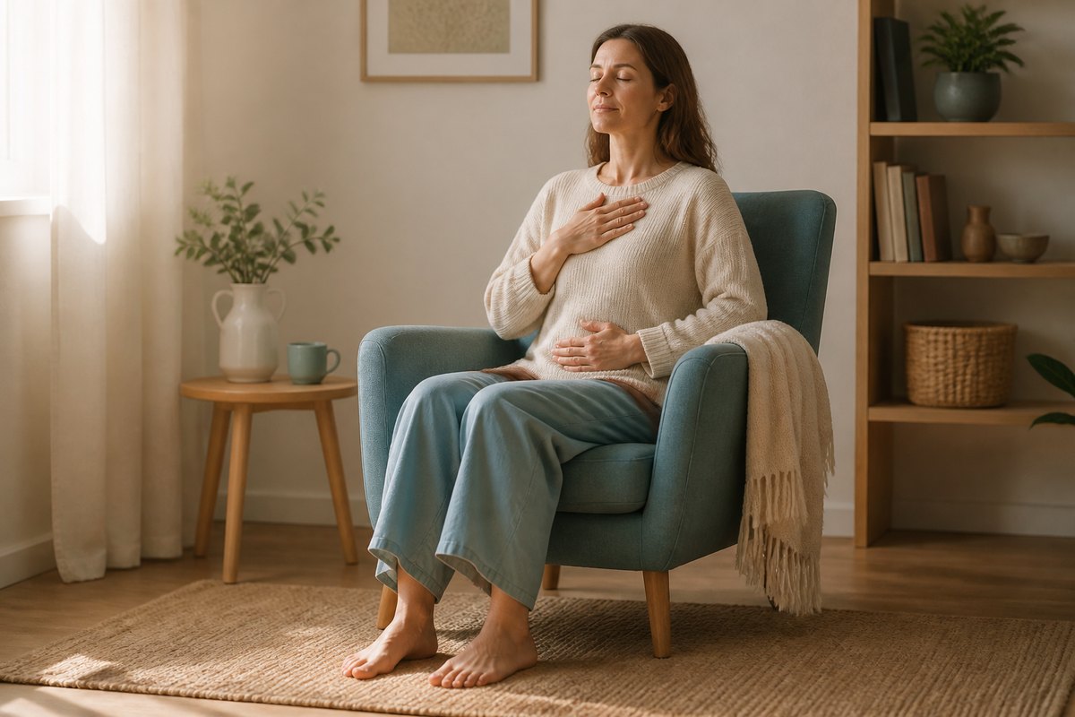 Femme assise les pieds au sol pratiquant un exercice doux d'auto-apaisement
