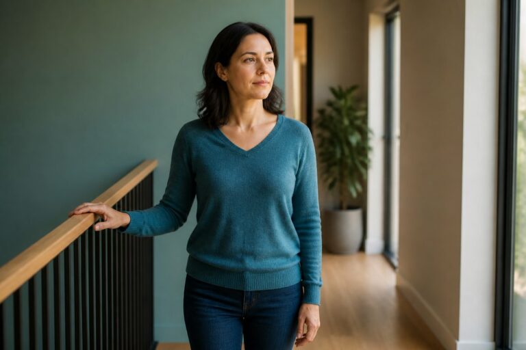 Femme debout posant légèrement une main sur une rambarde pour retrouver son équilibre