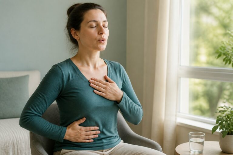 Femme assise pratiquant une expiration lente avec une main sur la poitrine