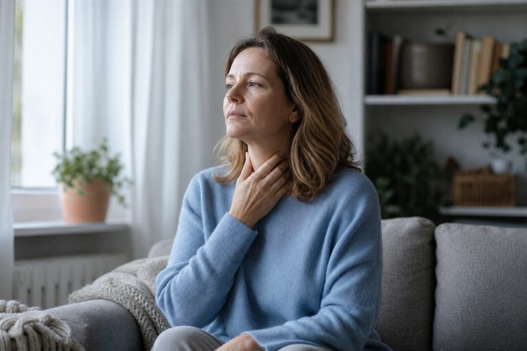 Femme touchant doucement sa gorge lors d'une sensation liée au stress