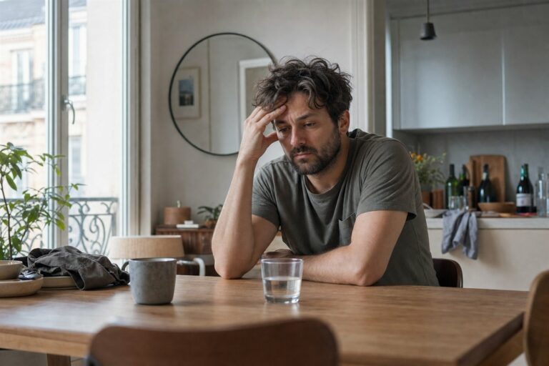 Homme anxieux et fatigué le lendemain d'une soirée, assis devant un verre d'eau