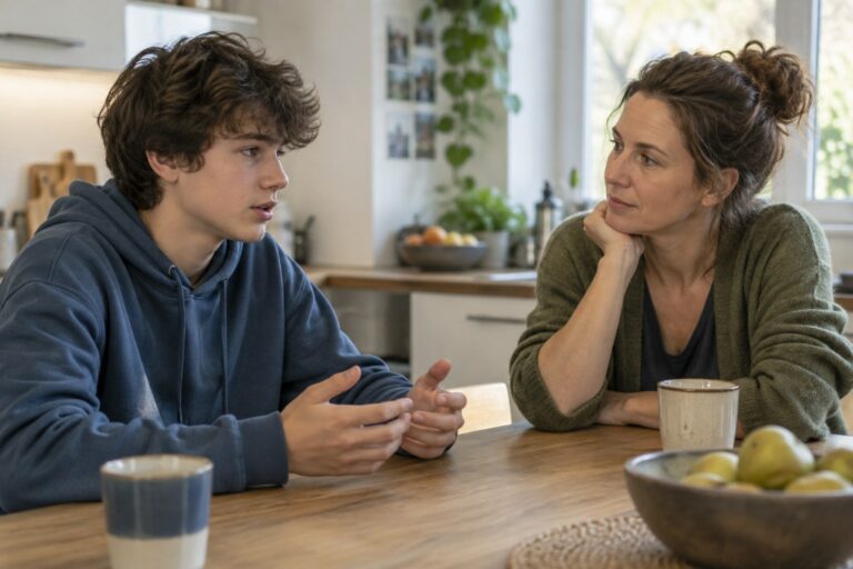 Parent à l’écoute de son adolescent autour d’une table.