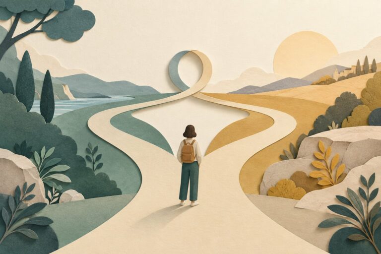 Illustration d’une personne face à deux chemins entrelacés, évoquant les contradictions et la liberté de choix.