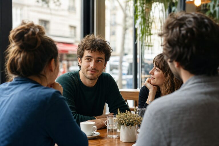 Petit groupe de personnes échangeant autour d’une table.