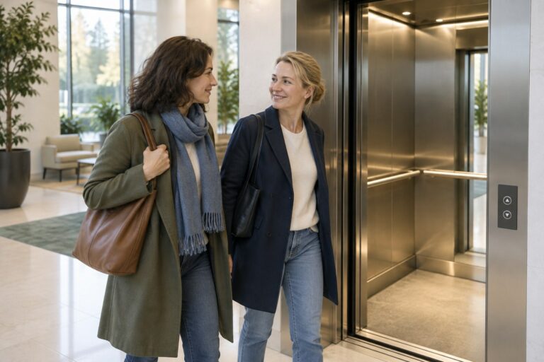 Deux personnes devant les portes ouvertes d’un ascenseur.