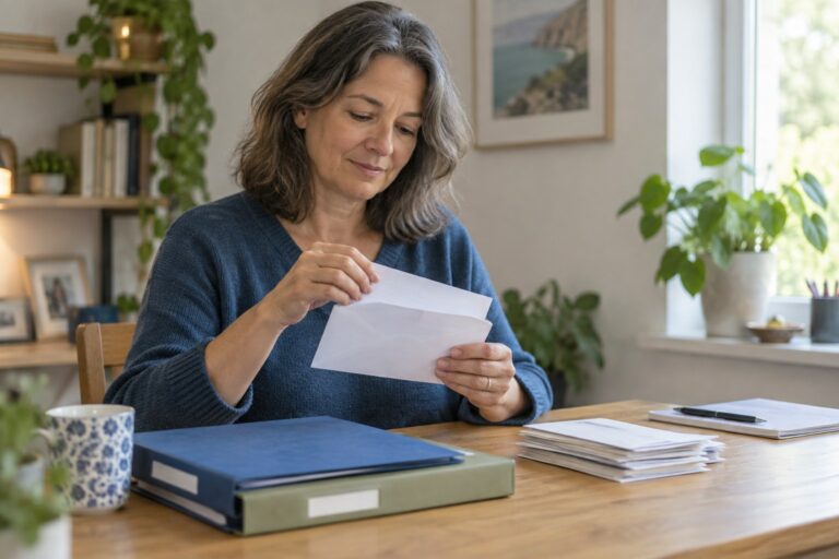 Personne ouvrant calmement une enveloppe à son bureau.