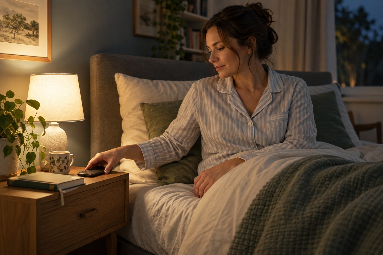 Personne préparant une soirée calme dans une chambre éclairée par une lampe.