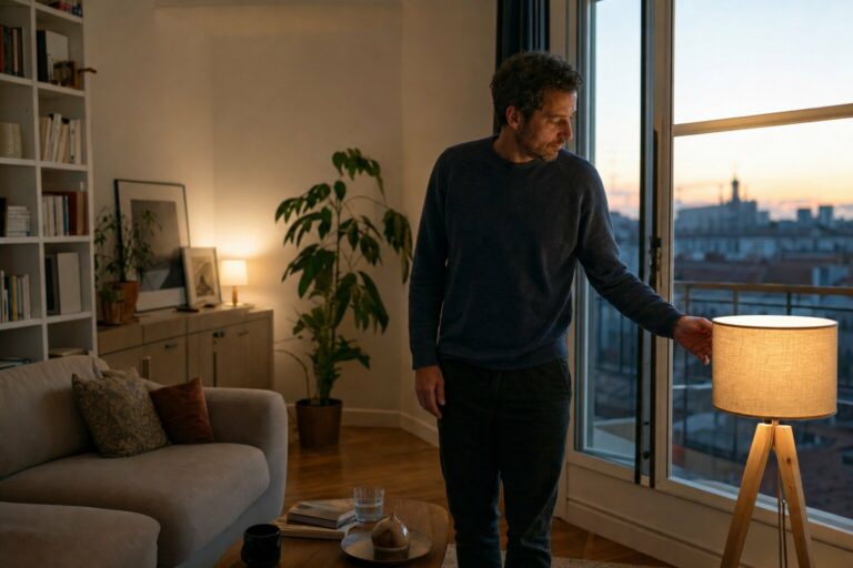 Homme debout près d’une fenêtre le soir, dans un salon éclairé par une lampe.