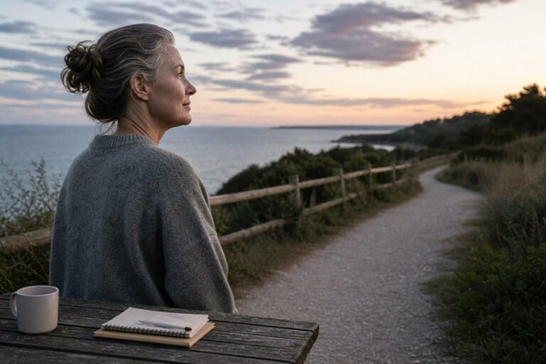 Femme assise face à la mer, respirant calmement au lever du jour.